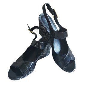 Calvin Klein Womens Shoes Sz 9.5 Black Wedges Patent Open Toe Gold Buckle Bahia